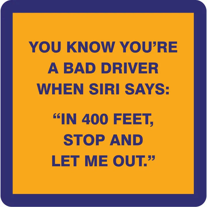 navy bordered mustard yellow coaster with navy lettering
