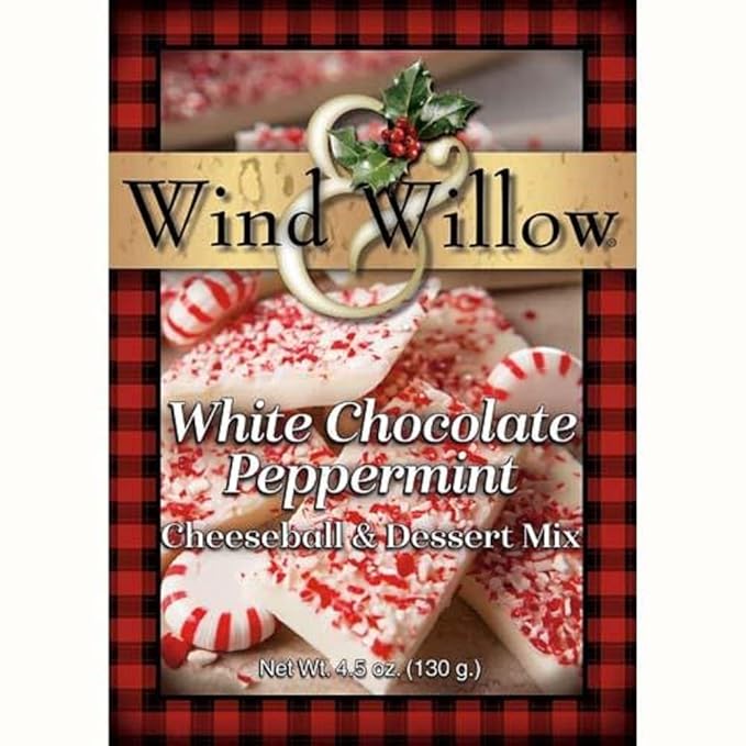 Wind & Willow White Chocolate Peppermint Cheeseball & Dessert Mix packaging with red and white checkered border.