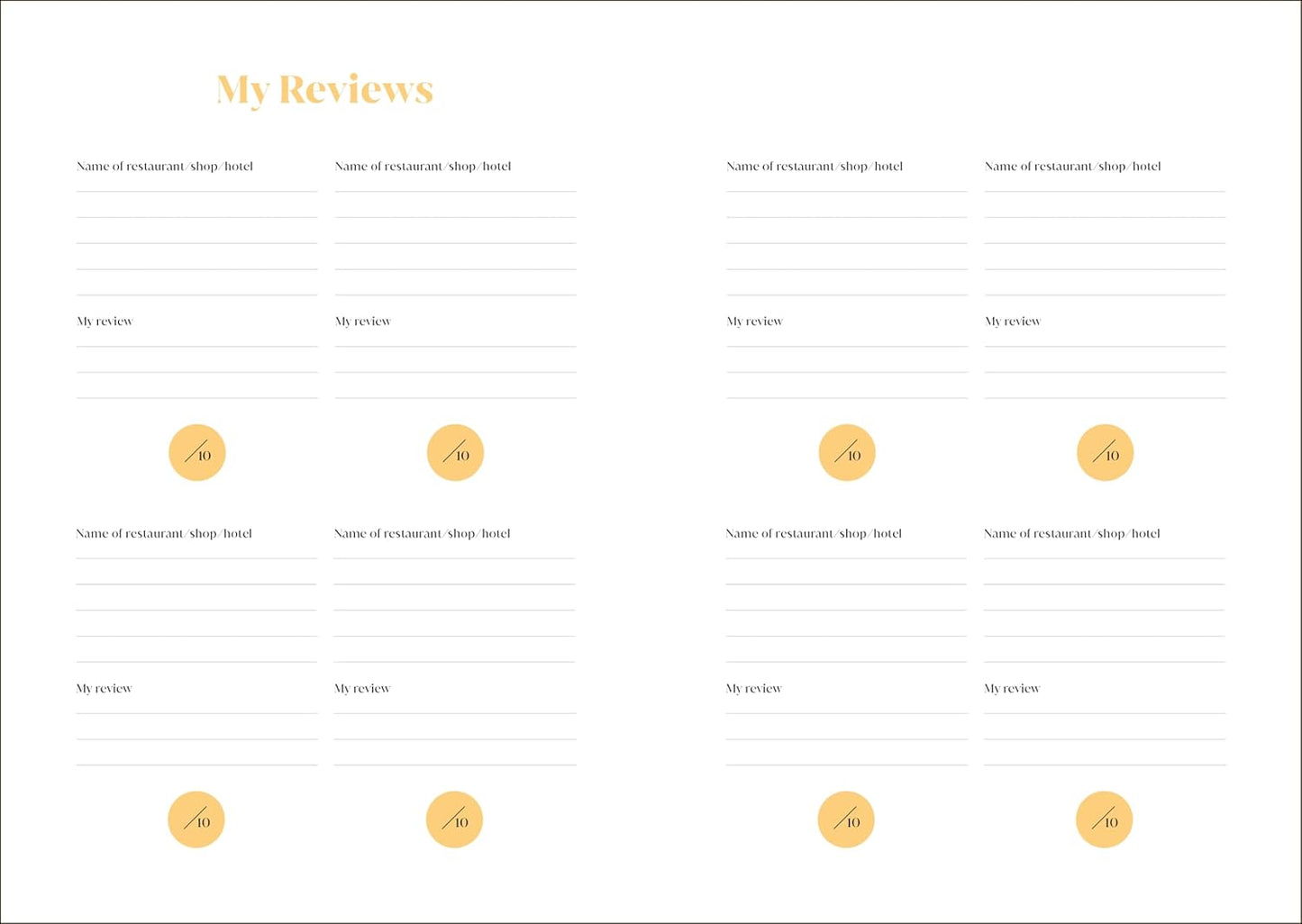 Template for reviews with fields for name, rating, and comments on a white background