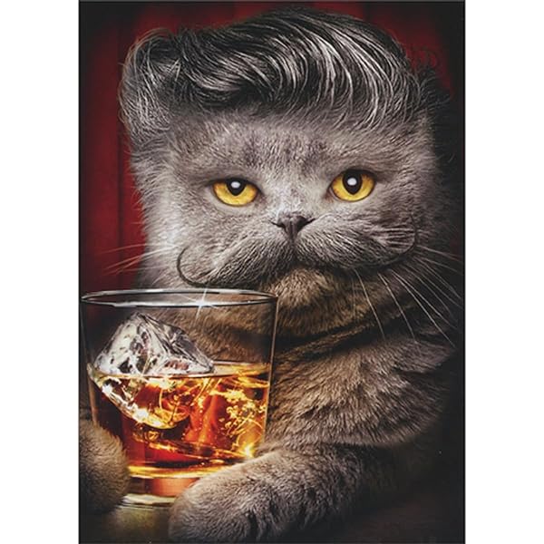 front of card is a cat with a mustache and hairstyle drinking a glass of bourbon with ice