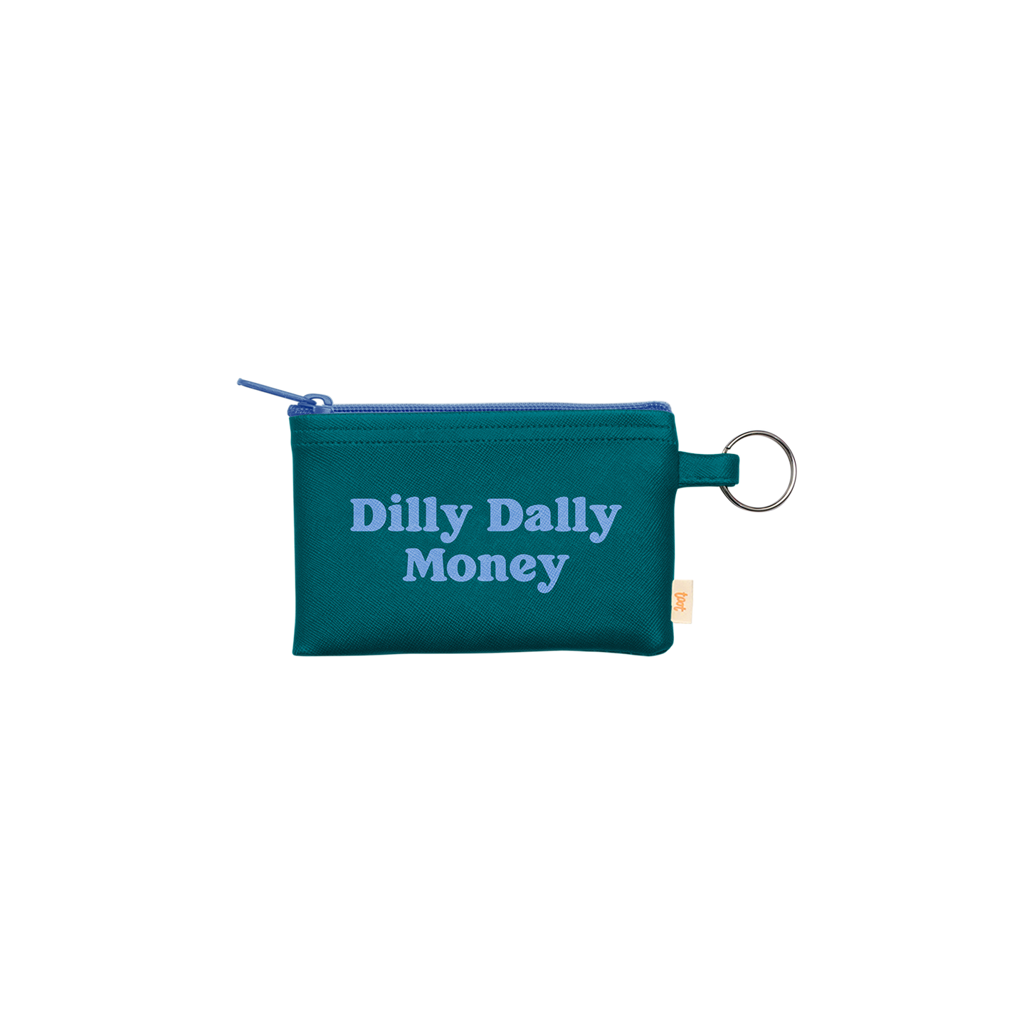 green pouch with light blue text "dilly dally money"