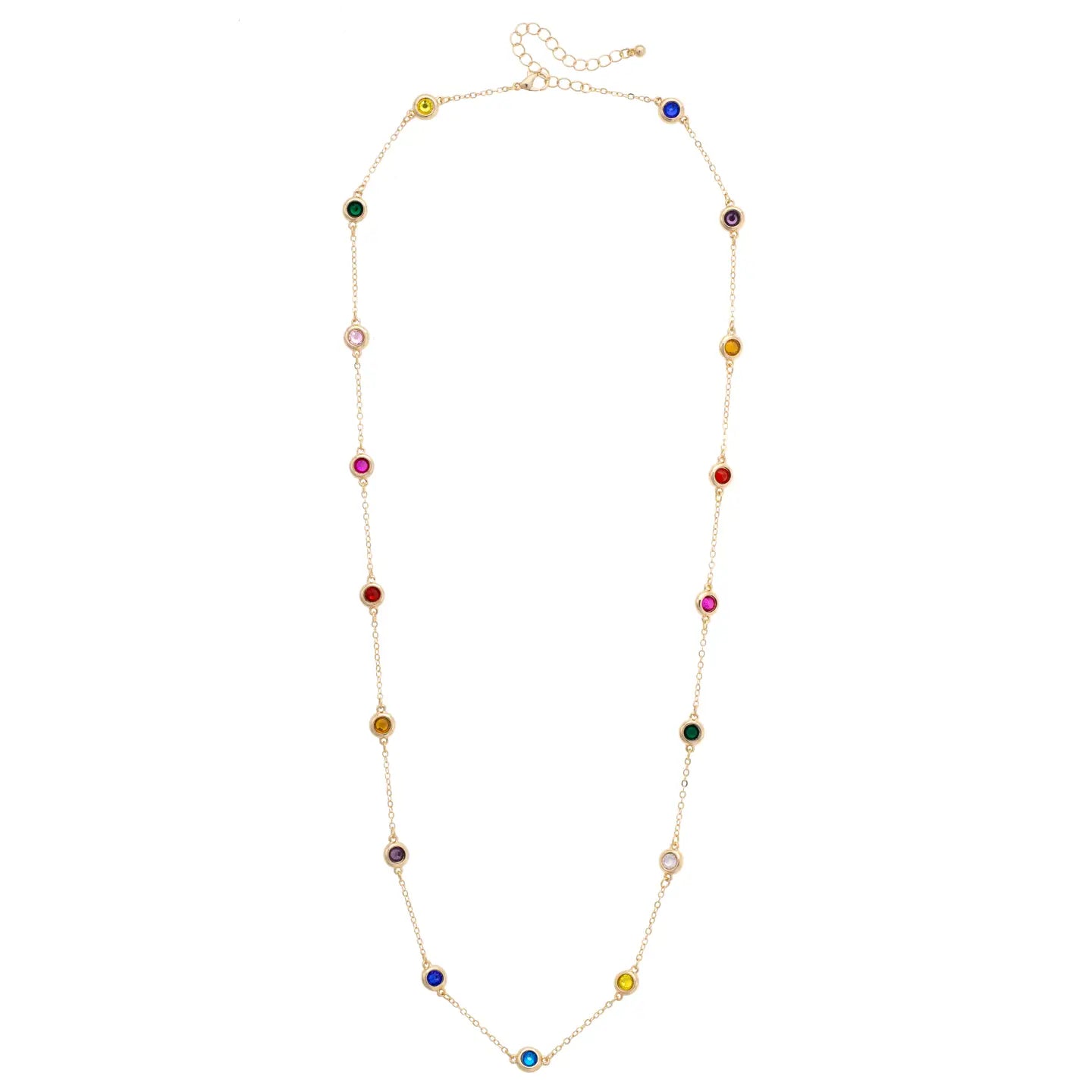Necklace with multicolored stones spaced by a dainty gold chain on a white background