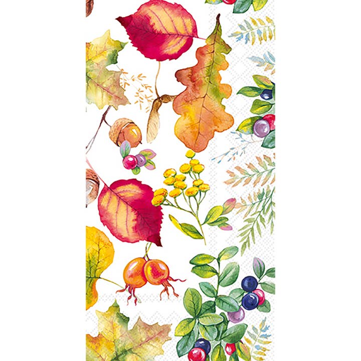 Harvest Season Guest Napkin with a watercolor design of fall leaves, berries, and nuts printed on it