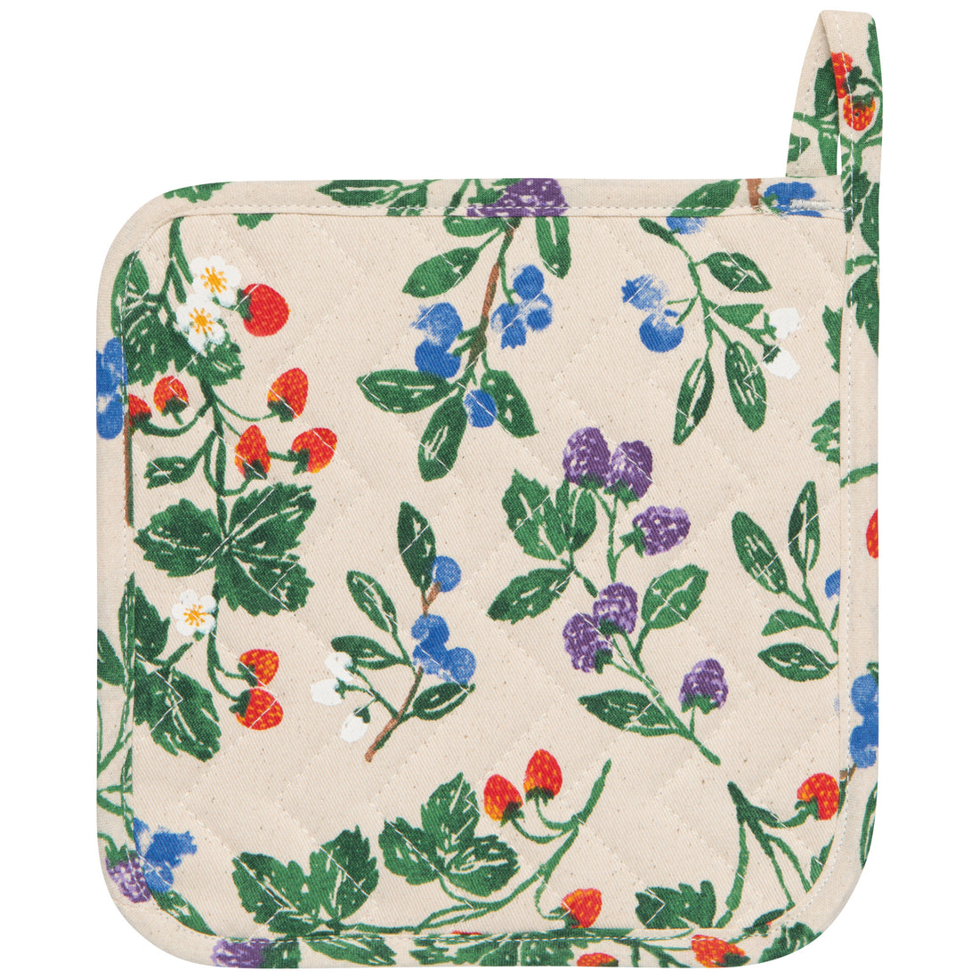tan potholder covered in berry sprigs