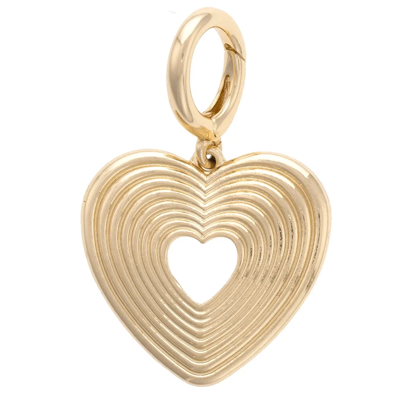 Gold heart-shaped pendant with concentric hearts on a white background