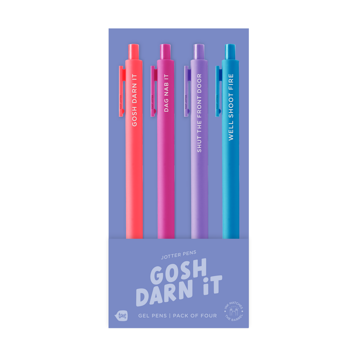 4 gosh darn it jotter pens in their packaging