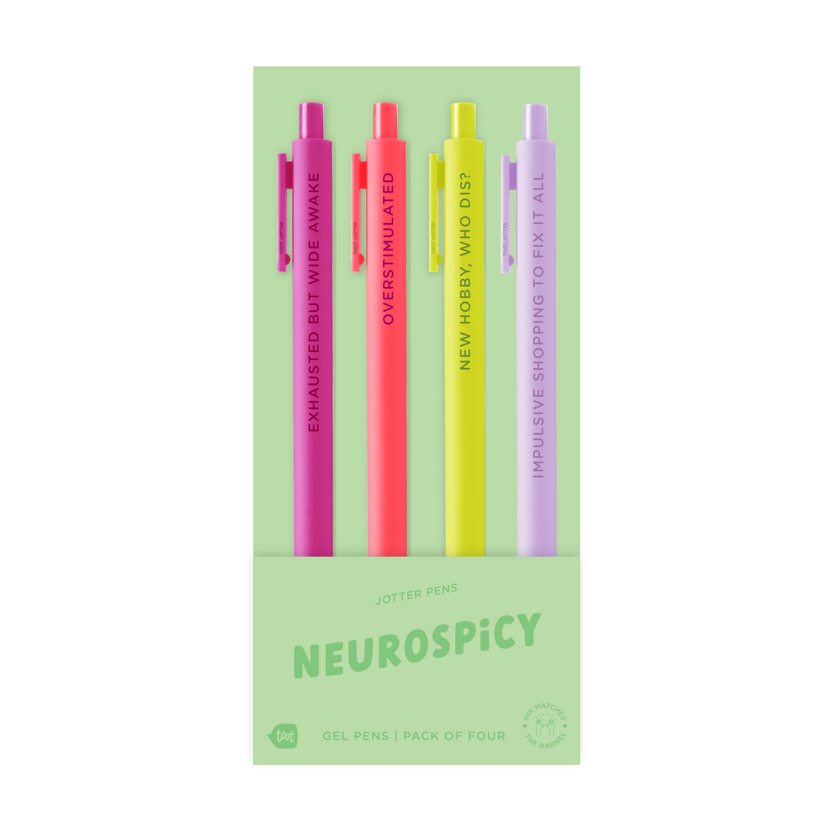 4 neurospicy jotter pens in their packaging
