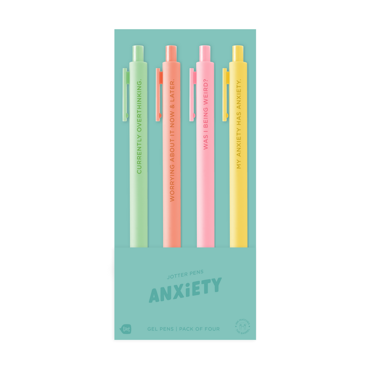 4 anxiety jotter pens in their packaging