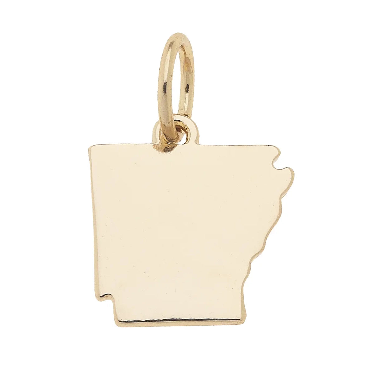 Gold pendant in the shape of arkansas on a white background