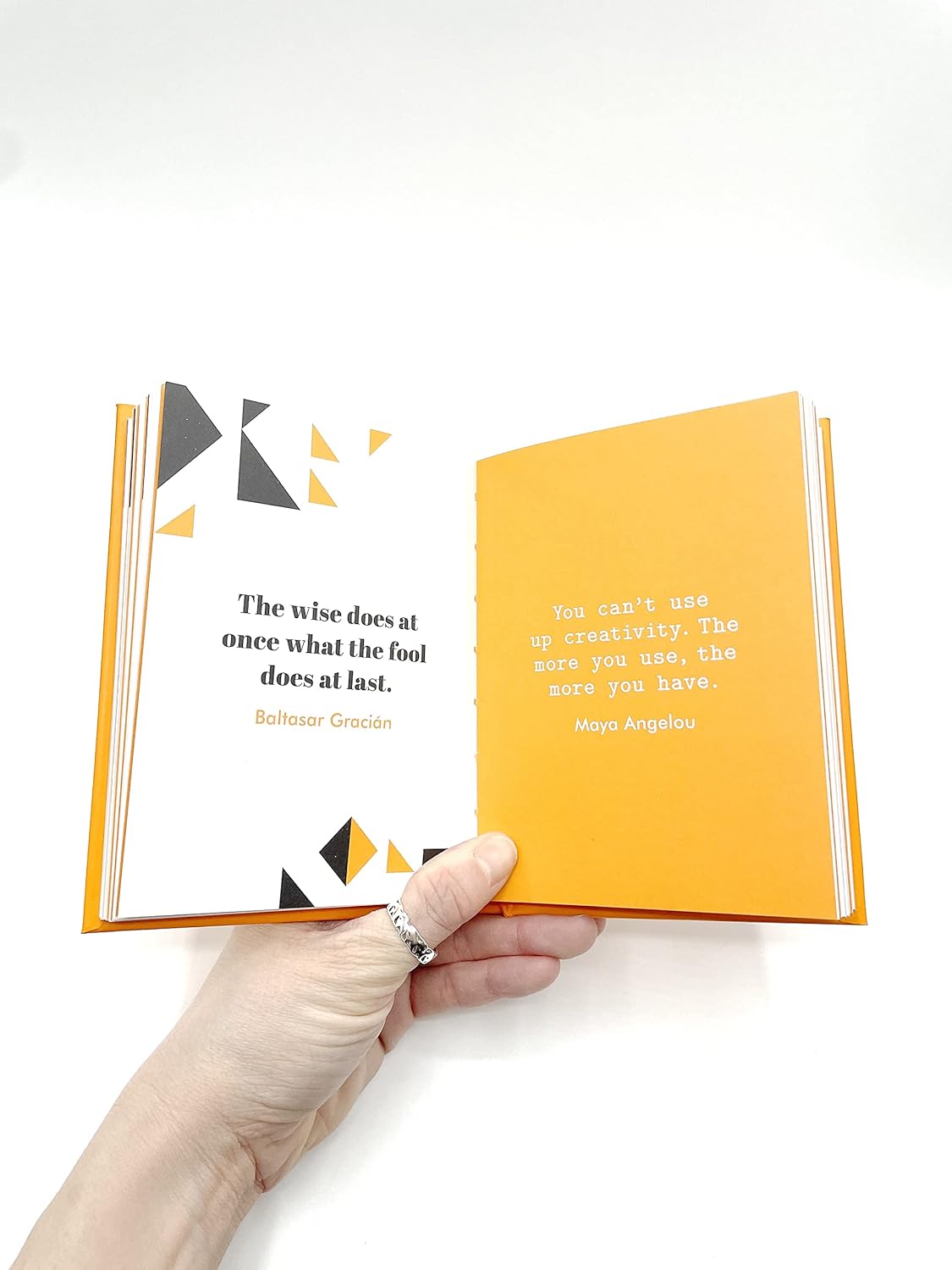 Hand holding an open book with quotes on a white background