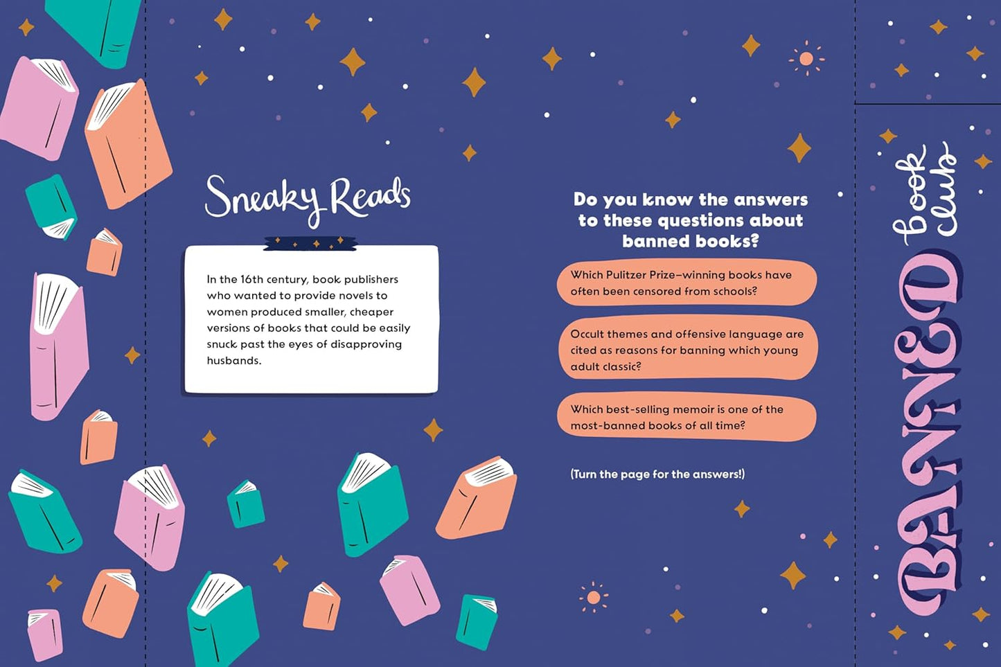 blue pages of book with images, text, and tear out bookmarker