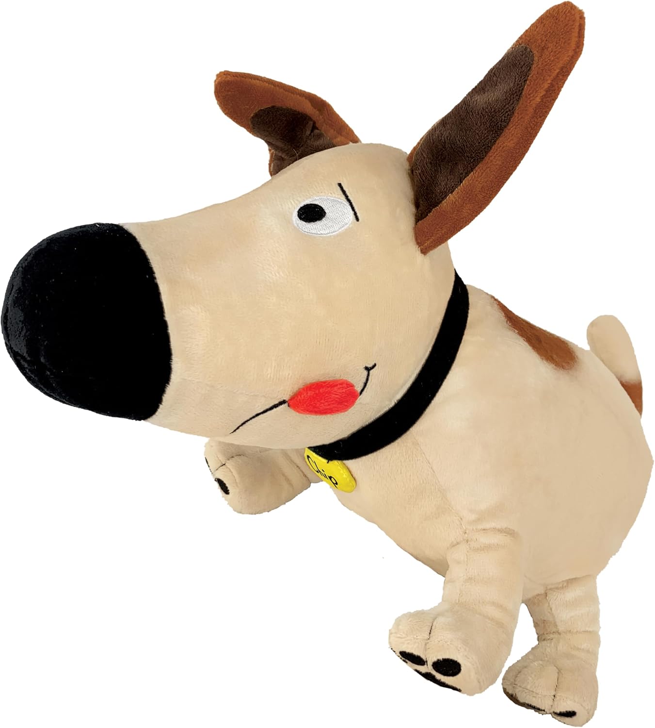 front side angle view of Don't Eat Bees Chip the Dog Plush Toy on a white background