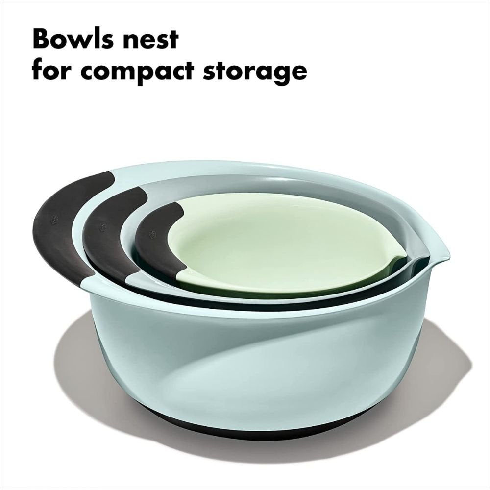 3 bowls stacked together with text "bowls nest for compact storage".