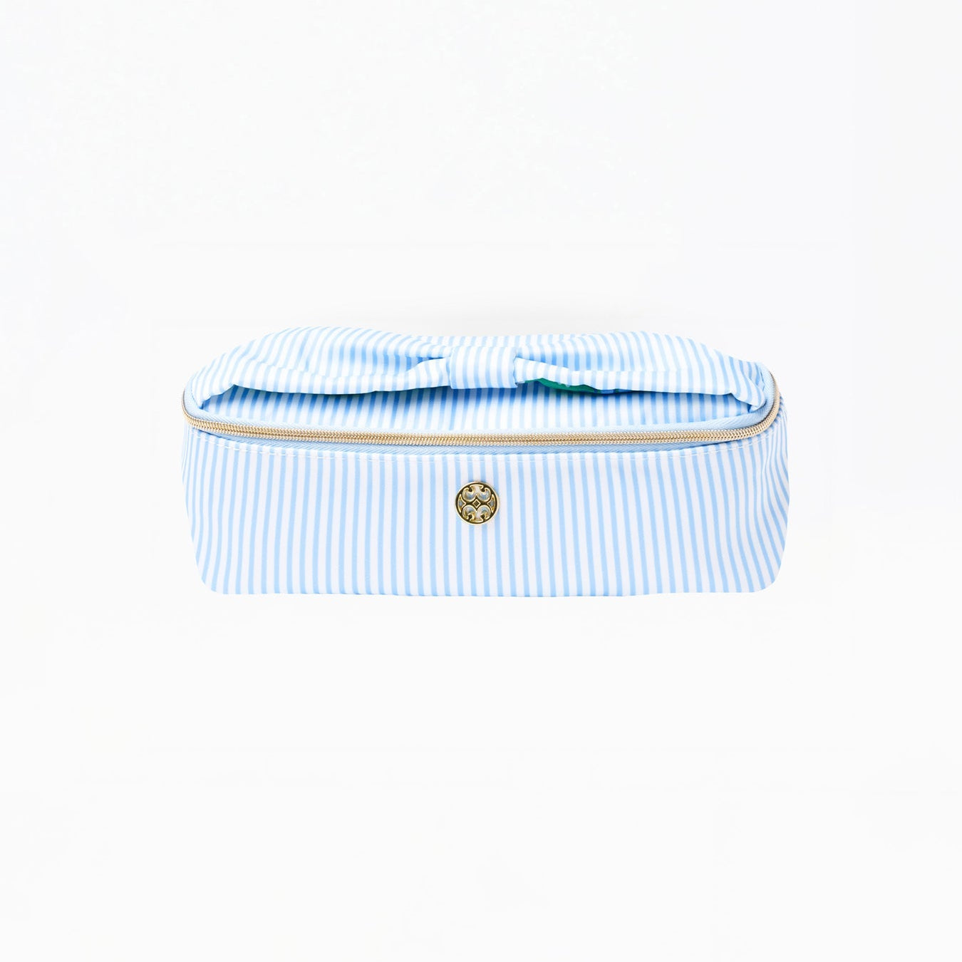 Blue and white striped toiletry bag with gold zipper on a white background