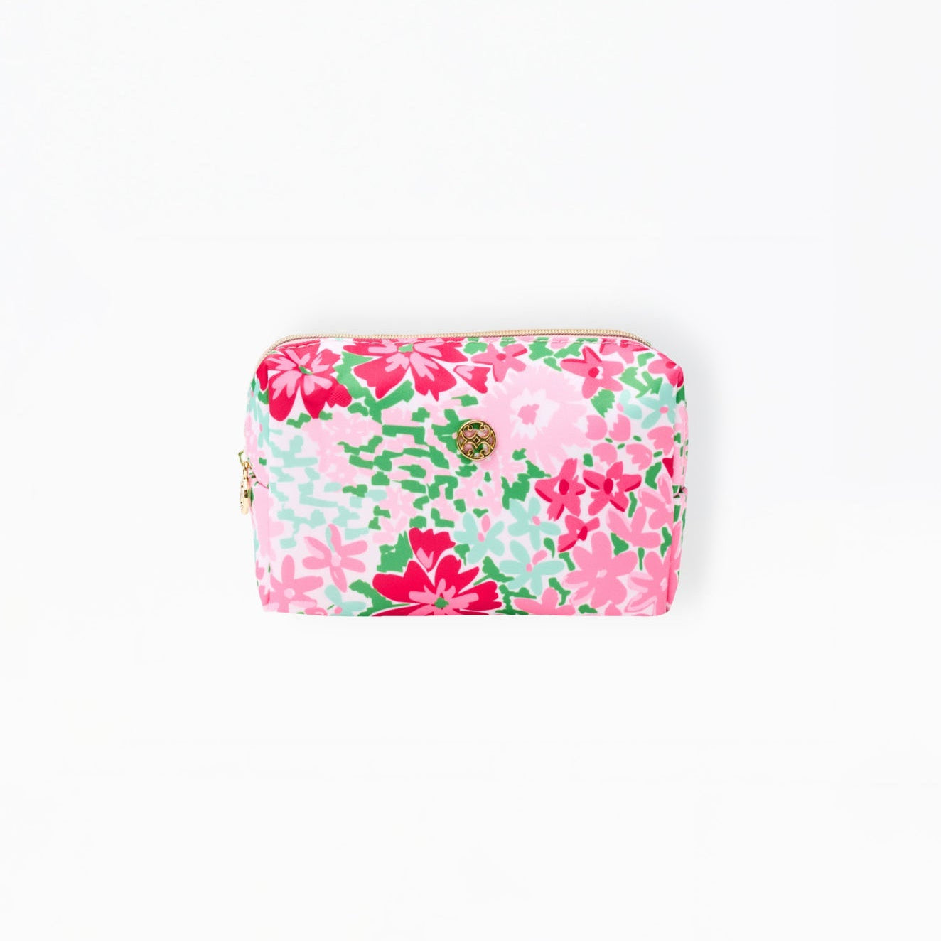 pink Floral patterned pouch on a white background