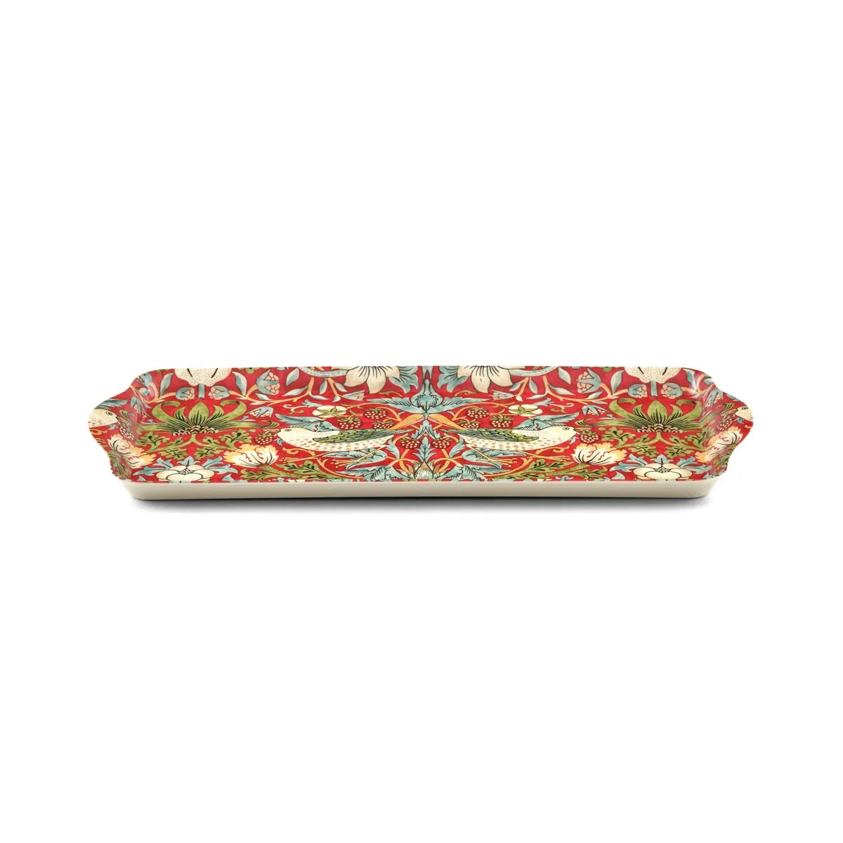 side view of melamine tray with strawberry thief design on red background