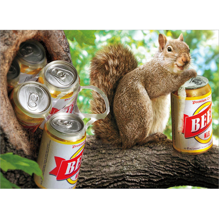 font of card is a squirrel sitting in a tree holding a six pack of beer