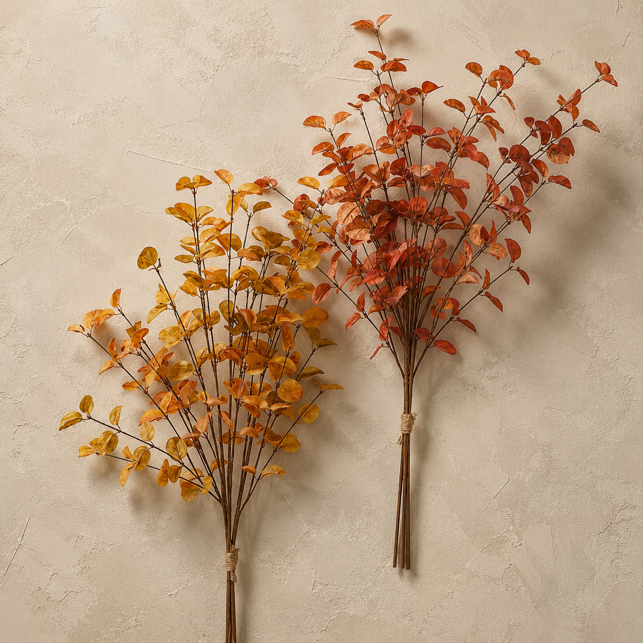Two artificial autumn leafy branches with yellow and orange leaves shown on beige background