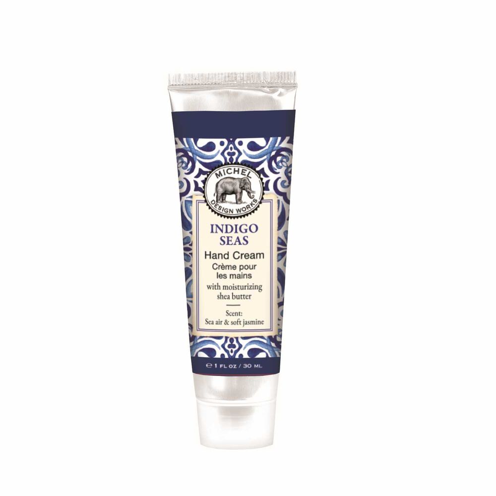 tube of indigo seas hand cream with blue mosaic patterned label