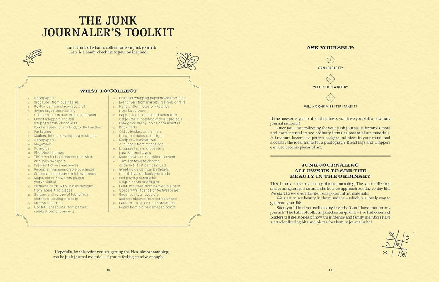 pages from book with Instructions for junk journaling on a yellow background with text and icons.
