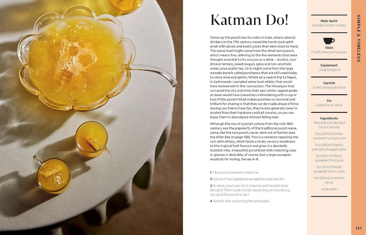 sample pages from Cocktail Diaries book with cocktail in floral glass on a white plate with text on the right side.
