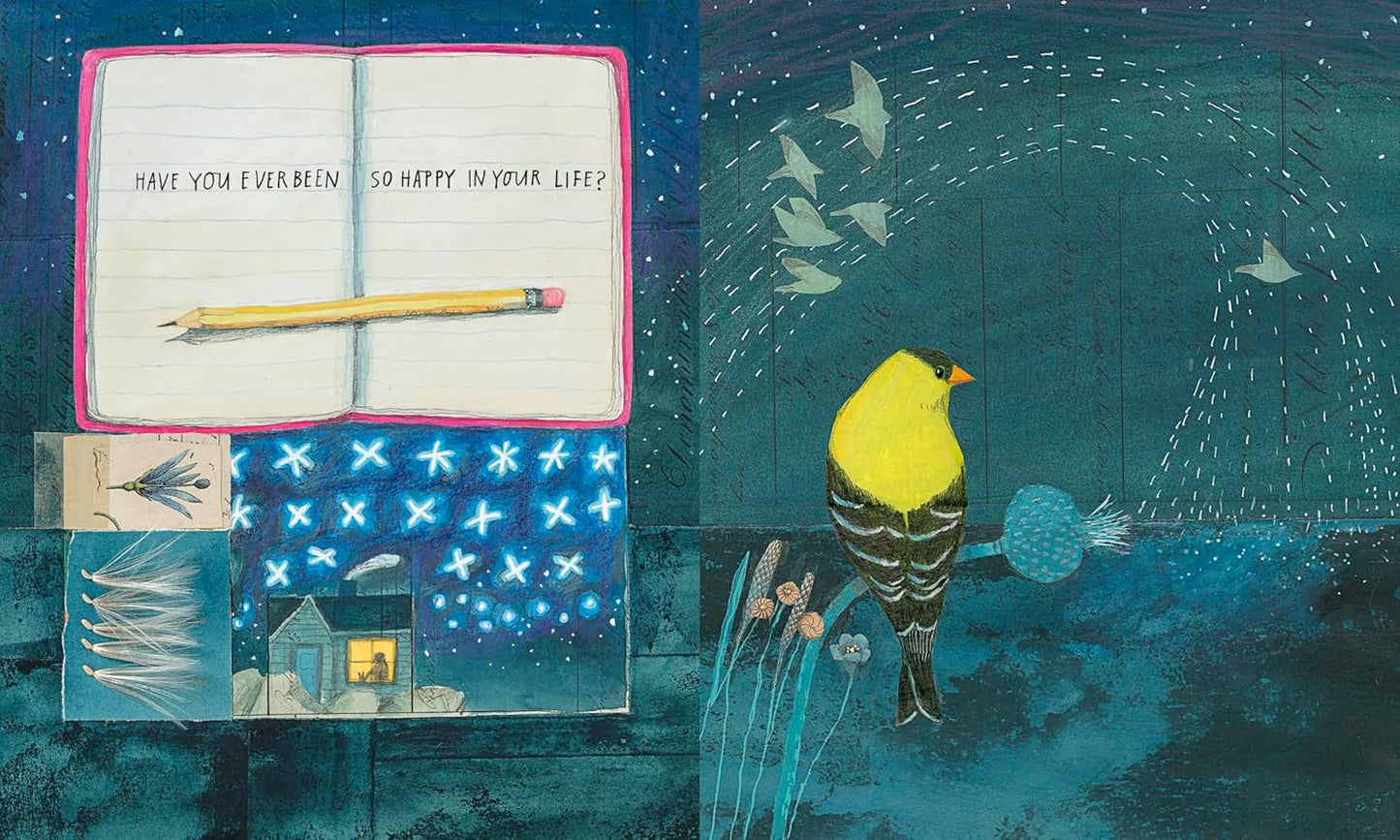 Illustration of a book with a pencil, a bird, and starry night sky.