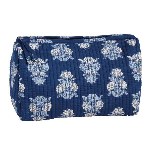 Blue zippered pouch with pale blue and white floral design shown on a white background.