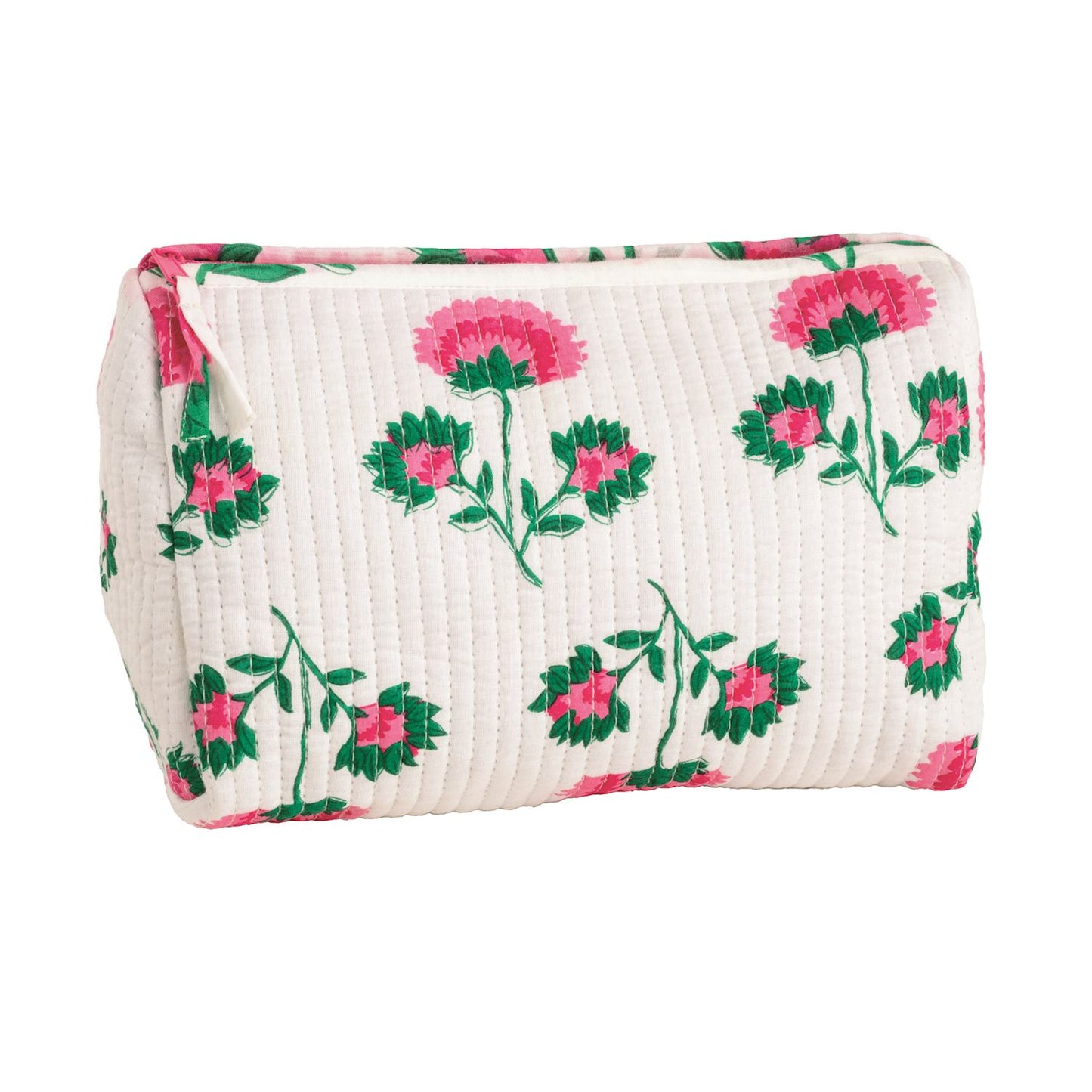 White zippered pouch. Bright pink and green floral design.