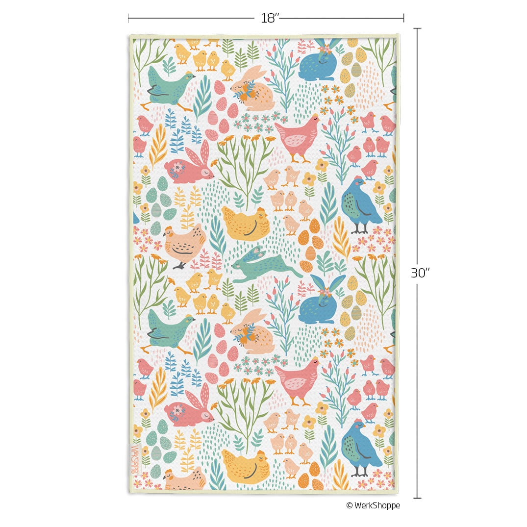 springtime friends microfiber dishtowel next to measurments