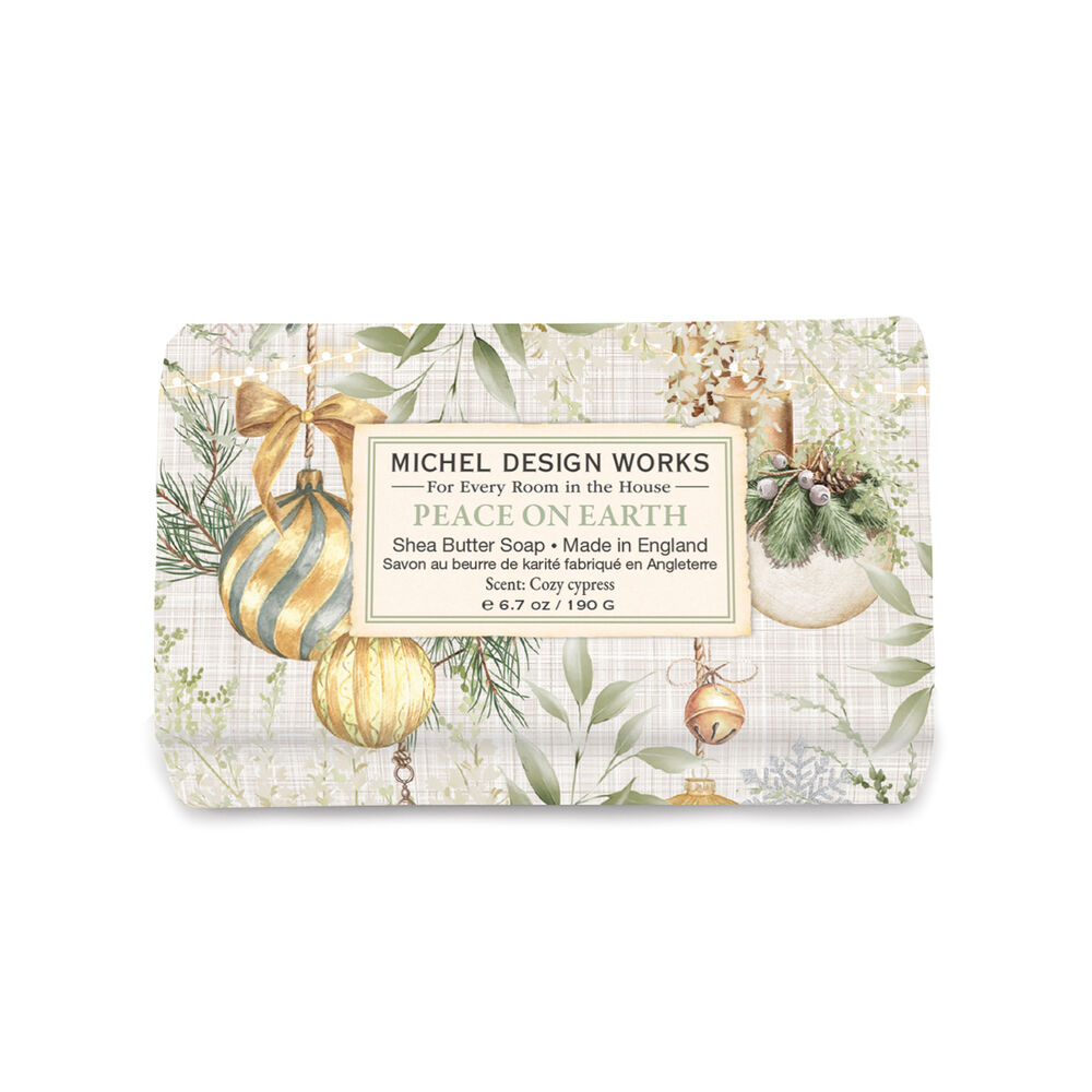 Peace on Earth Soap Bar with lovely wrapper printed with greenery and gold ornaments