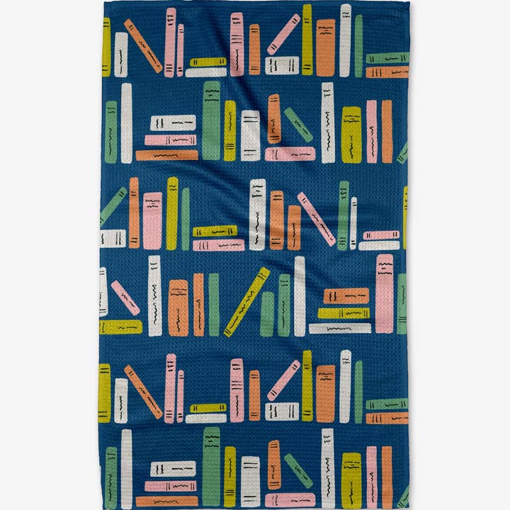 bookish stripes tea towel shown on a white background
