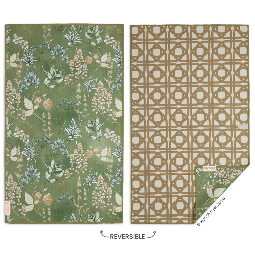 reversible towel with verdant botanicals on one side and natural looking woven lattice on the other
