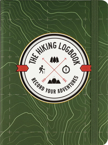 front cover of hiking logbook is green with geographical lines, a white center patch filled with title, and green elastic strap closure