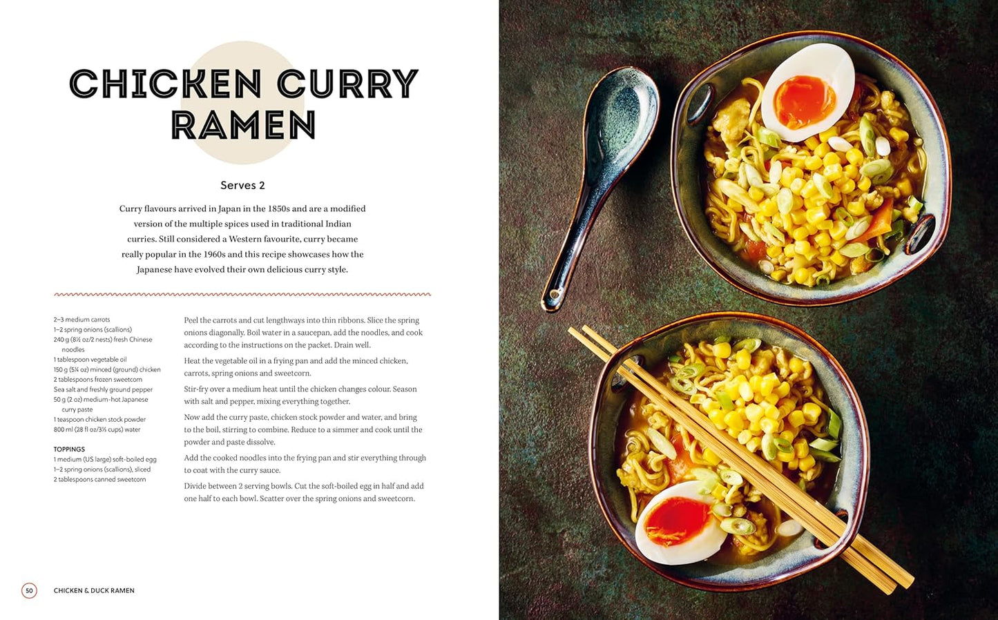inside pages with recipe and picture for chicken curry ramen.