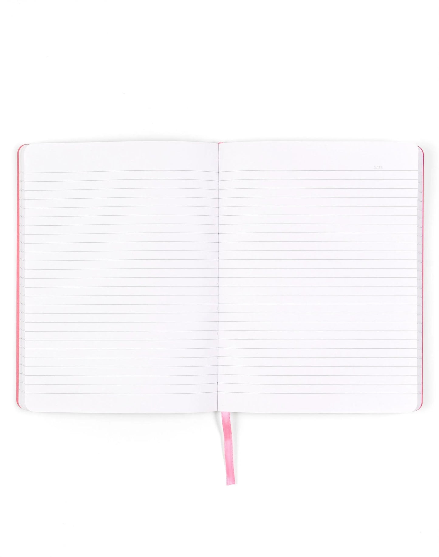 An open lined notebook with white pages and a pink ribbon bookmark