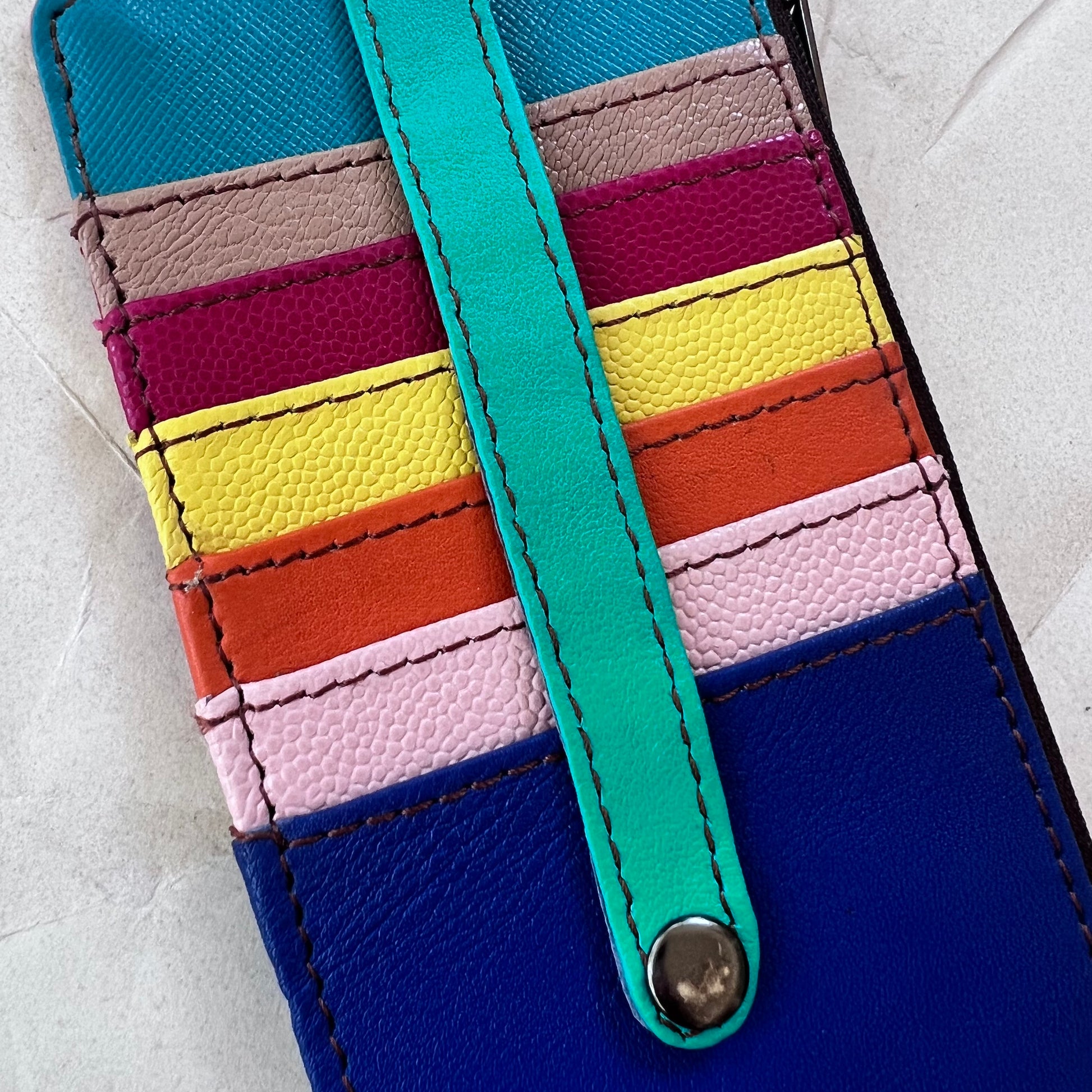 close-up of multi colored card slots.