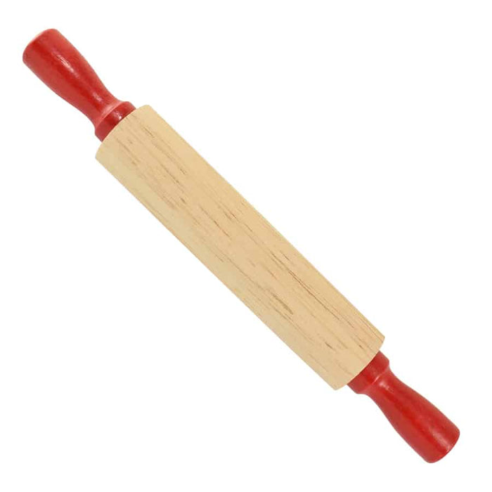 Wooden rolling pin with red handles on a white background