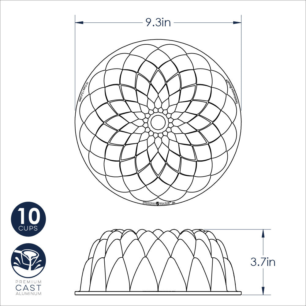 drawing of Kaleidoscope Bundt Pan with measurements
