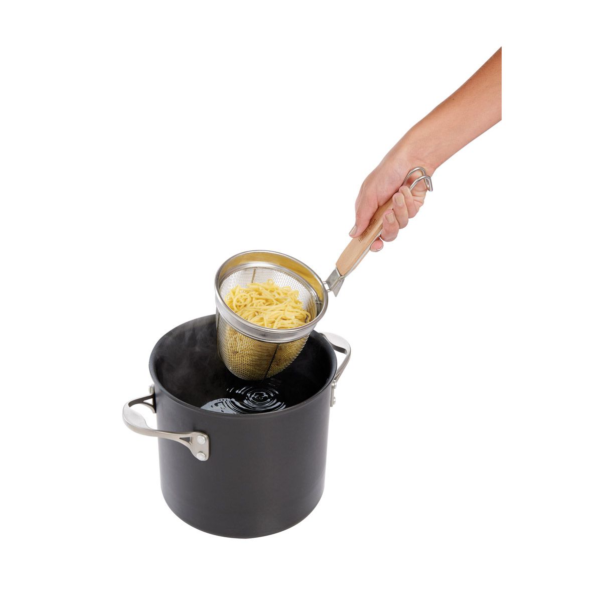 hand removing spider filled with pasta out of pot of water.