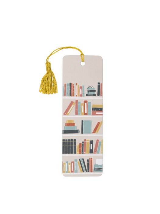 bookmark with gold tassles, designed to look like a book shelf