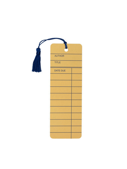 bookmark made to look like a library card with navy tassle