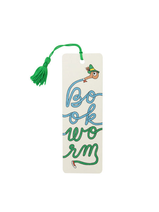 tan bookmark with a blue and green work spelling bookworm
