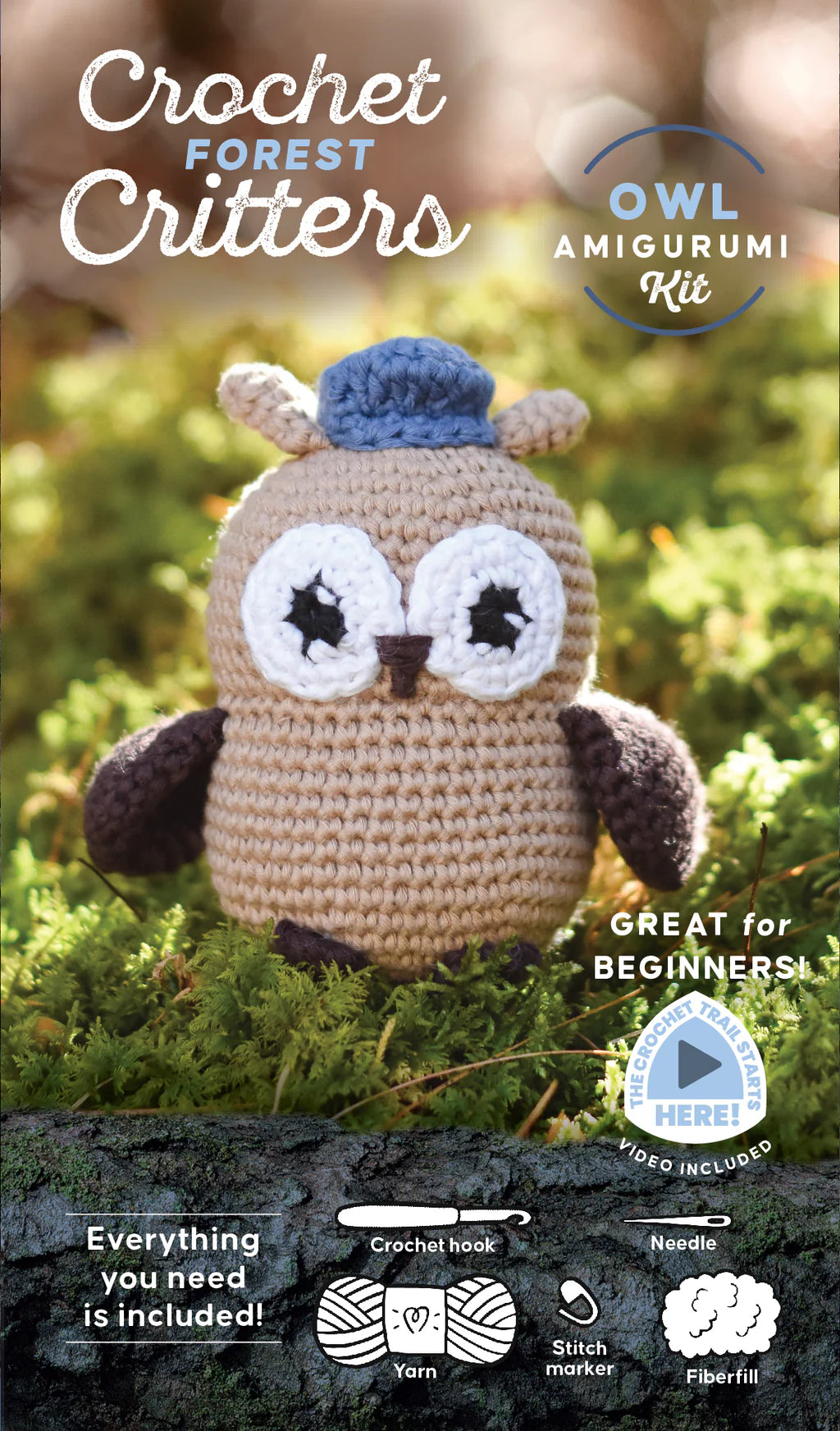 Crocheted owl amigurumi kit with text describing what's in the kit