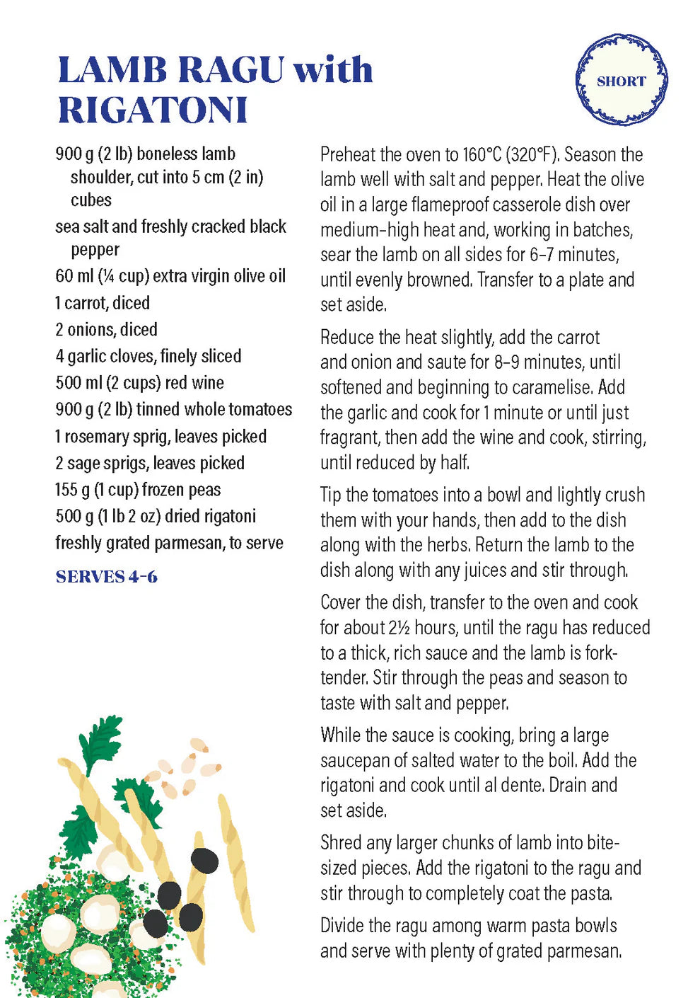 recipe card for lamb ragu with rigatoni