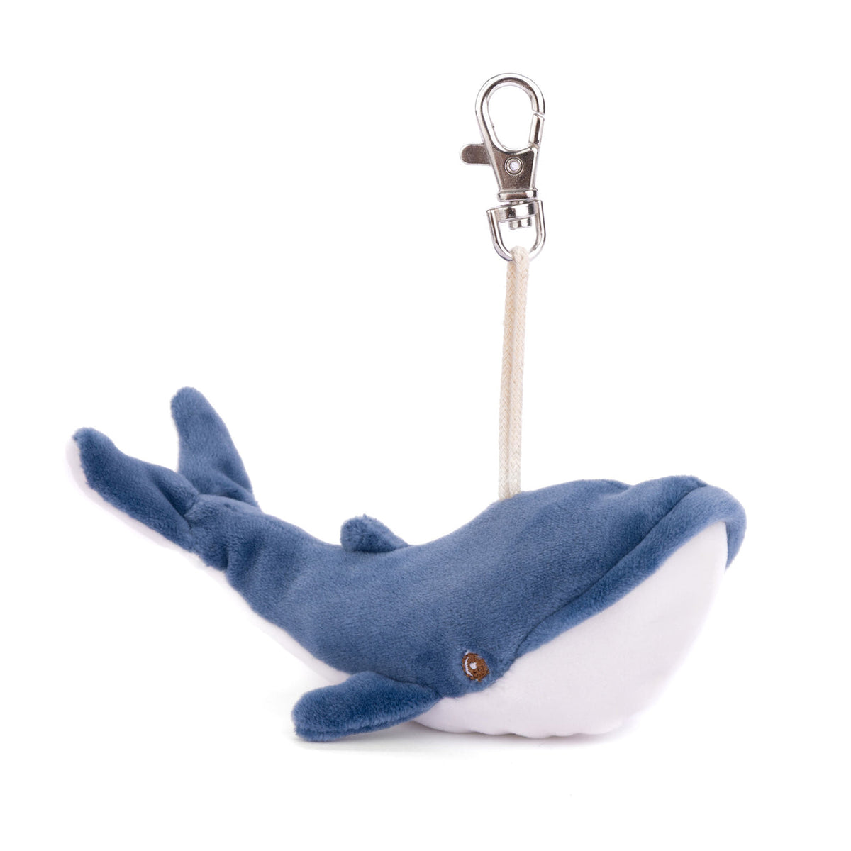 Blue plush whale keychain with a white belly on a white background