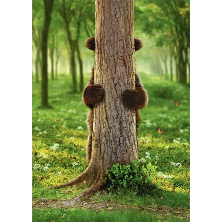 front of card is a tree in a forest with a bear hiding behind it