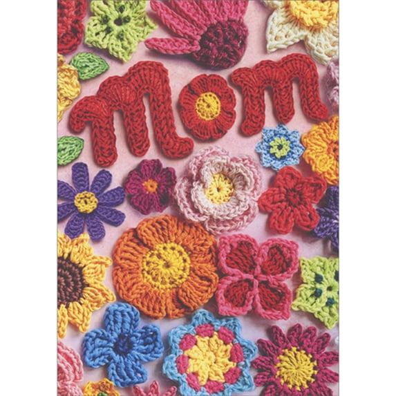 front of card is brightly colored crochet flowers and the word mom