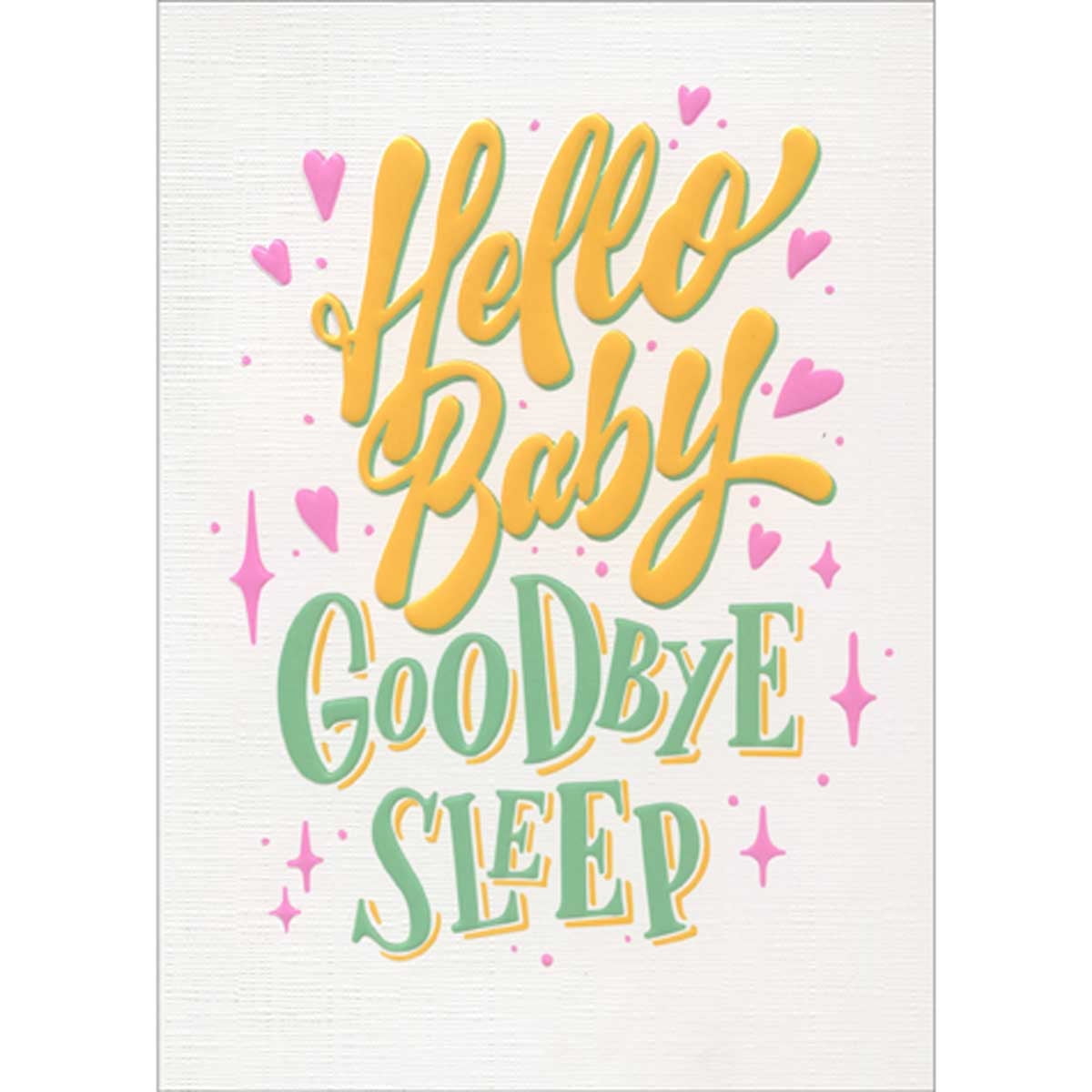 front of card is yellow and green lettering with pink hearts on a white background