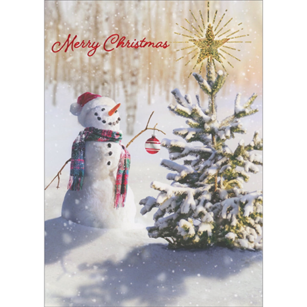 front of the card is a snowman hanging an ornament on a christmas tree with a gold star