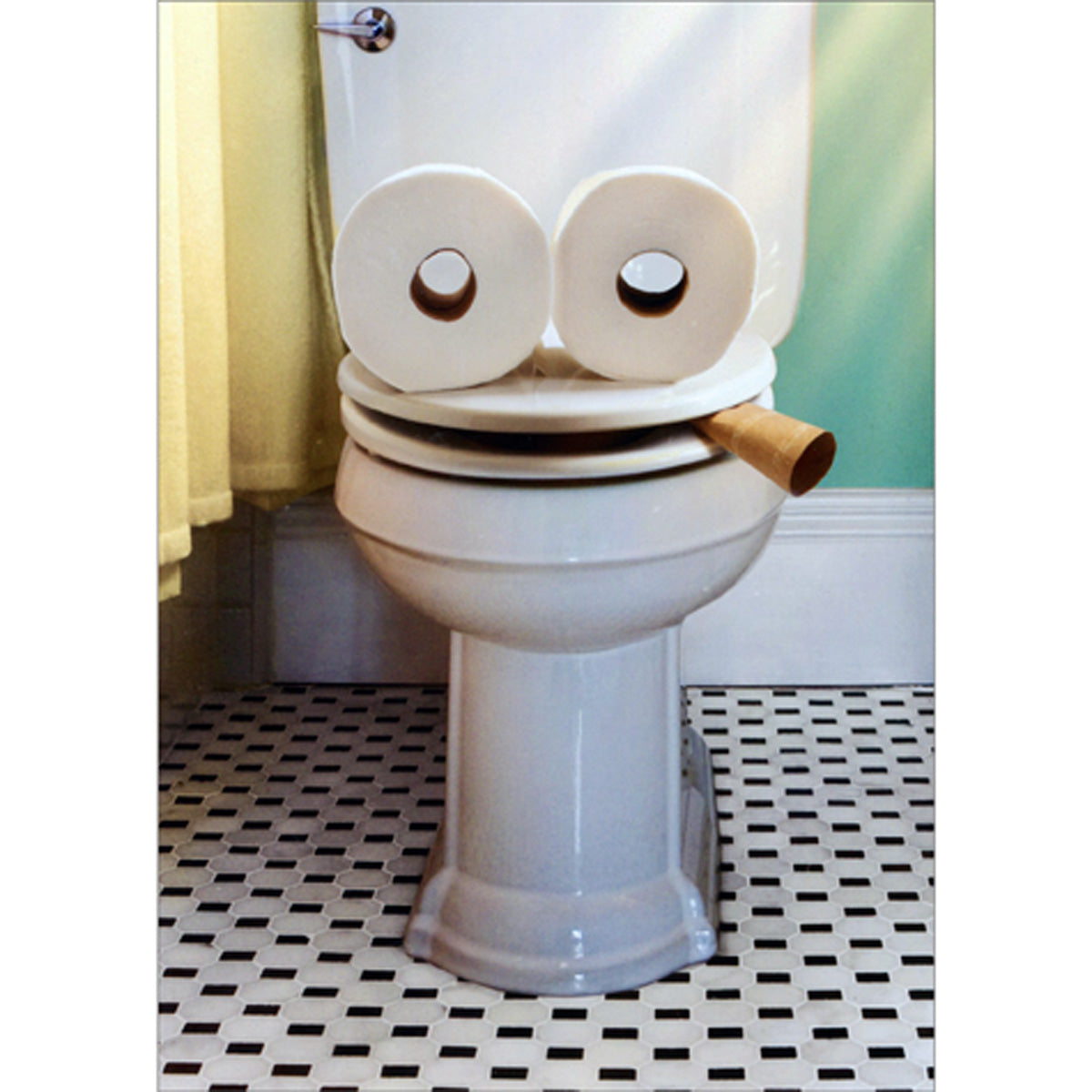 front of card is a toilet with two rolls of paper for eyes and an empty roll as a smoke on a black and white tile floor
